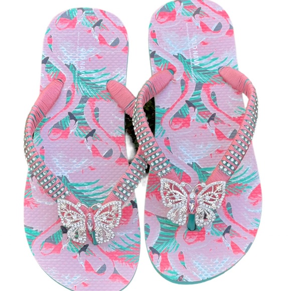 Adult Male Size 6-7, Women Size 7, Peach Flamingo, Crystal Butterfly - Picture 4 of 15